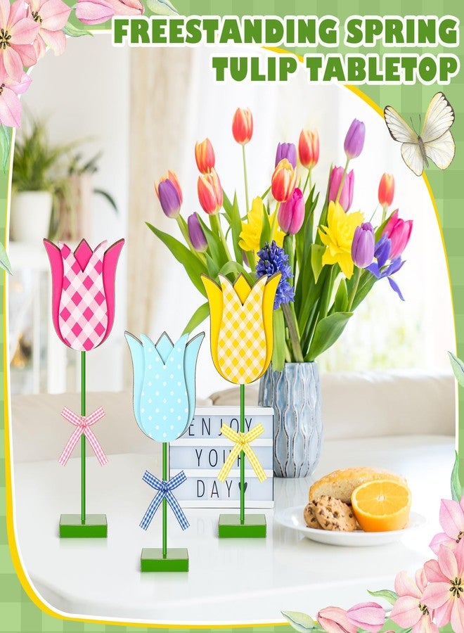 Burbell 3 Pack Spring Tulip Table Decorations Wooden Flower Centerpieces with Bowknot, Colorful Tulip Stands for Home Decor, Spring, Mother's Day, Birthday Party, Wedding, Baby Shower, Bridal Shower - Image 4