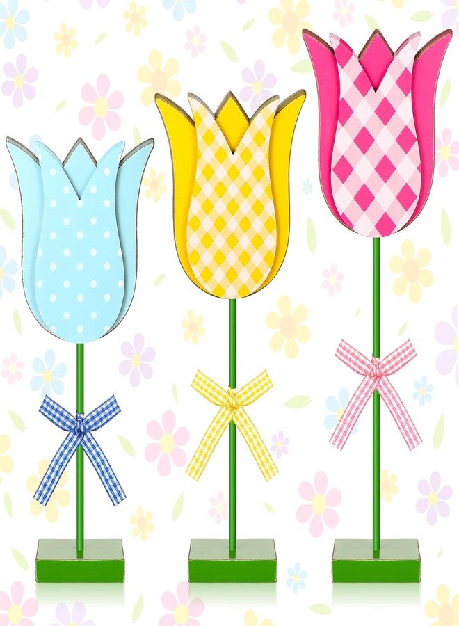 Burbell 3 Pack Spring Tulip Table Decorations Wooden Flower Centerpieces with Bowknot, Colorful Tulip Stands for Home Decor, Spring, Mother's Day, Birthday Party, Wedding, Baby Shower, Bridal Shower - Image 1