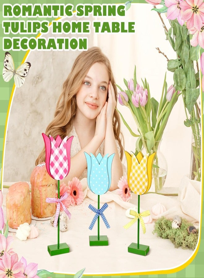 Burbell 3 Pack Spring Tulip Table Decorations Wooden Flower Centerpieces with Bowknot, Colorful Tulip Stands for Home Decor, Spring, Mother's Day, Birthday Party, Wedding, Baby Shower, Bridal Shower - Image 5