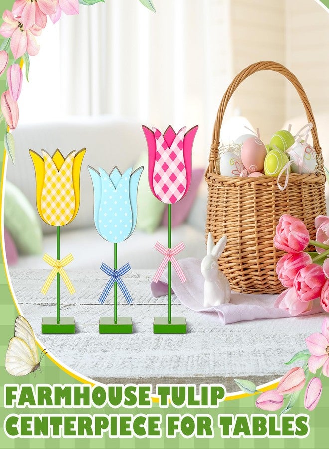 Burbell 3 Pack Spring Tulip Table Decorations Wooden Flower Centerpieces with Bowknot, Colorful Tulip Stands for Home Decor, Spring, Mother's Day, Birthday Party, Wedding, Baby Shower, Bridal Shower - Image 2