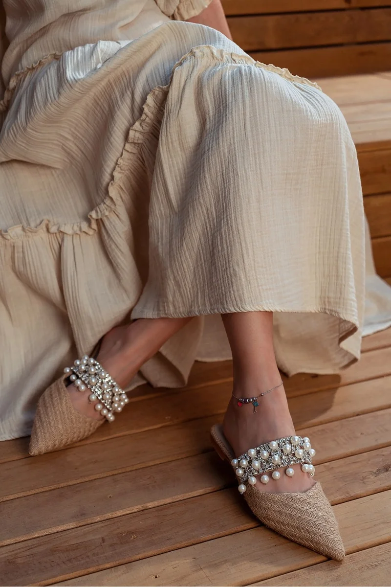 Nişantaşı Shoes Fomax Wicker Pearled Women's Slippers