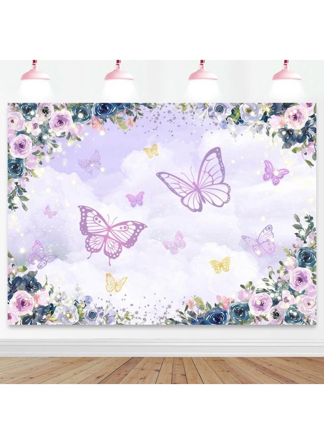 Mocsicka Violet Butterfly Backdrop 7x5ft Purple Floral Girl Party Decorations Background Theme Wedding Birthday Baby Shower Decorations  - Image 1