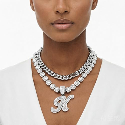 Lucopsny 2pcs Cuban Link Chain for Women Cursive Silver Initial Necklace Cuban Link Necklace for Women Hip Hop Iced Out Chain Necklace Bling Diamond 14mm Chain Letter Name Hip Hop Jewelry Gift M Silver - Image 3