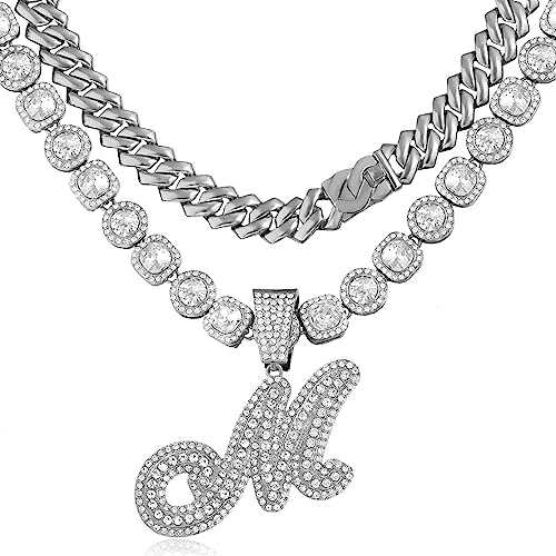 Lucopsny 2pcs Cuban Link Chain for Women Cursive Silver Initial Necklace Cuban Link Necklace for Women Hip Hop Iced Out Chain Necklace Bling Diamond 14mm Chain Letter Name Hip Hop Jewelry Gift M Silver - Image 1