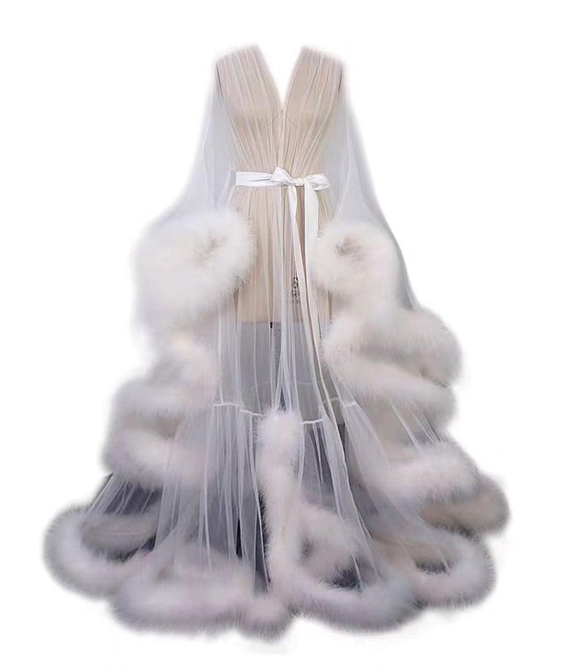 YUEKUI Women's Sexy Fur Robe, Long Tulle Robe for Maternity Photoshoot, One Size - Image 1