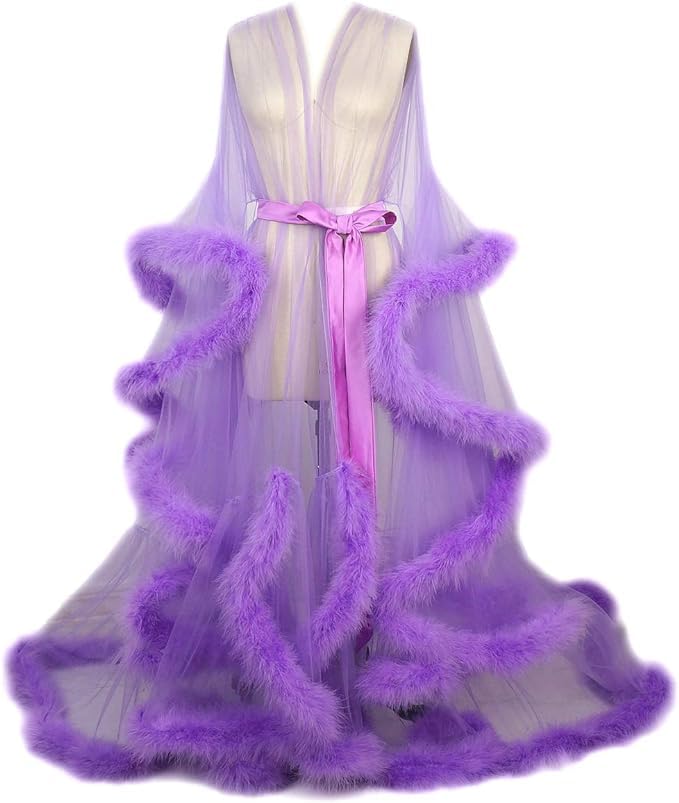 YUEKUI Women's Sexy Fur Robe, Long Tulle Robe for Maternity Photoshoot, One Size - Image 3