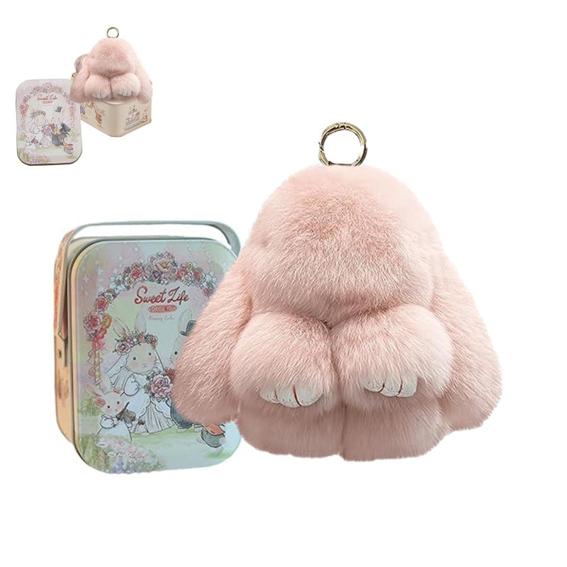 BOVVSKY Bunny Keychain with Box, Bunny Keychain with Tin, BunnyCute Plush Key Chain (Peach Pink) - Image 1