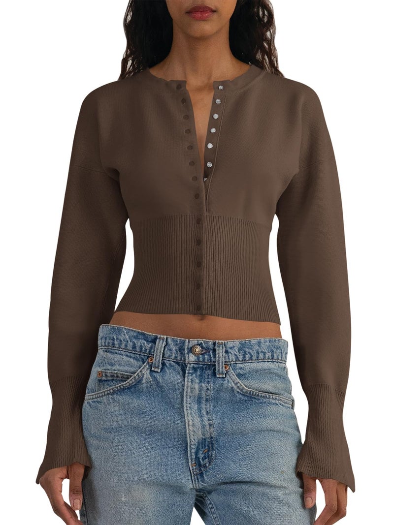 Saodimallsu Womens Cropped Sweaters Button Down Long Sleeve V Neck Ribbed Knit Slim Fit Pullover Crop Tops Brown - Image 1