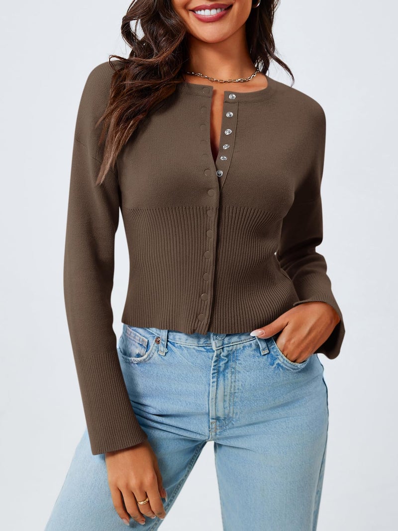 Saodimallsu Womens Cropped Sweaters Button Down Long Sleeve V Neck Ribbed Knit Slim Fit Pullover Crop Tops Brown - Image 2