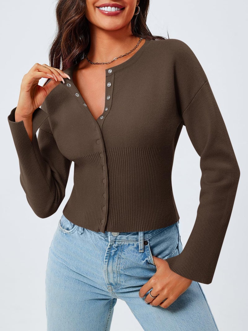 Saodimallsu Womens Cropped Sweaters Button Down Long Sleeve V Neck Ribbed Knit Slim Fit Pullover Crop Tops Brown - Image 3
