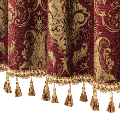 Loom and Mill Luxury Chenille Valances for Living Room Window, Classic Damask Jacquard Chenille Window Treatment Valances with Tassels, Rod Pocket Blackout Short Curtain 1 Panel, 54” x 18”, Red - Image 4