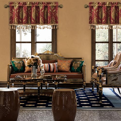 Loom and Mill Luxury Chenille Valances for Living Room Window, Classic Damask Jacquard Chenille Window Treatment Valances with Tassels, Rod Pocket Blackout Short Curtain 1 Panel, 54” x 18”, Red - Image 2
