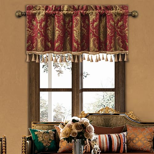 Loom and Mill Luxury Chenille Valances for Living Room Window, Classic Damask Jacquard Chenille Window Treatment Valances with Tassels, Rod Pocket Blackout Short Curtain 1 Panel, 54” x 18”, Red - Image 1