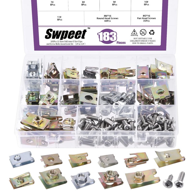 Swpeet 183Pcs Zinc Plated Auto Car U-Clip U Nut and Screw Assortment Kit, Car Clips Fasteners for Dash Door Panel Interior SAE - Image 1