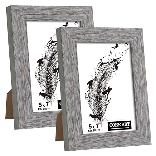 CORE ART 5x7 Picture Frame, Handmade Wood Rustic Gray Photo Frame Set of 2, High Definition Semi-tempered Glass Wall or Tabletop Display - Image 1
