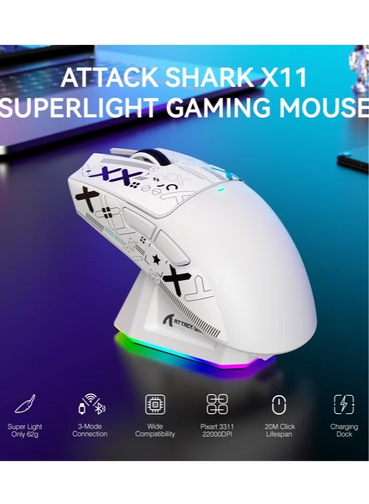 Attack Shark X11 Tri-mode Wireless Gaming Mouse - Magnetic Charging Dock, Lightweight Anti-Slip Design with Patterned Sticker, 22K DPI, PixArt PAW3311 Sensor - White - Image 3