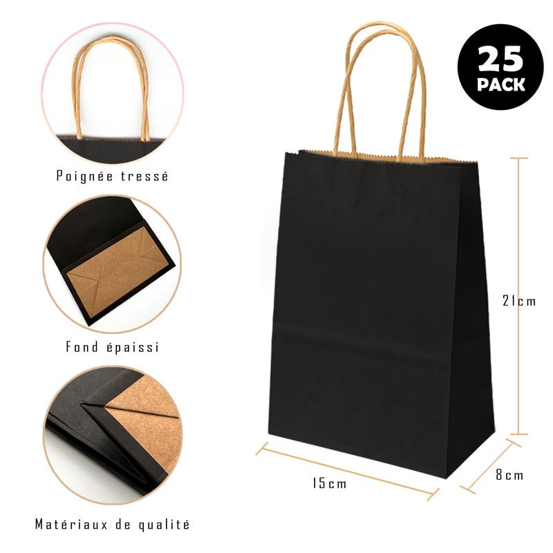 JinPhon Pack of 25 Small Kraft Paper Bags With Handle 21 x 8 x 15 cm, Black Gift Bags for Shopping, Packaging, Takeaway (Recyclable) - Image 2
