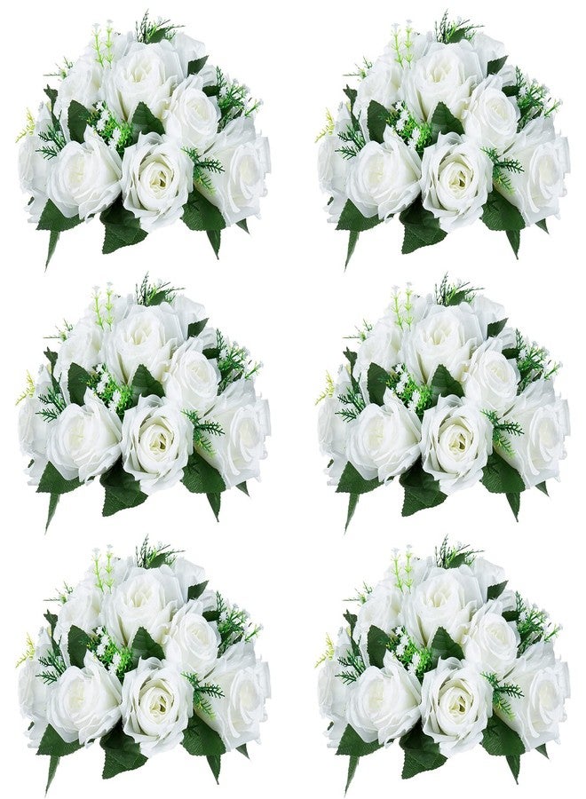 NUPTIO Pcs of 6 Fake Flower Ball Arrangement Bouquet,15 Heads Plastic Roses with Base, Suitable for Our Store's Wedding Centerpiece Flower Rack for Parties Valentine's Day Home Décor (Pure White) - Image 1