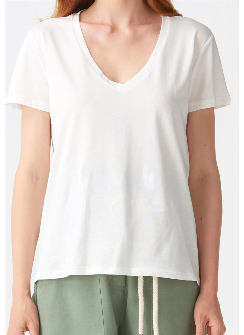 ديلفين 3470 V Neck Basic T-Shirt-Ecru