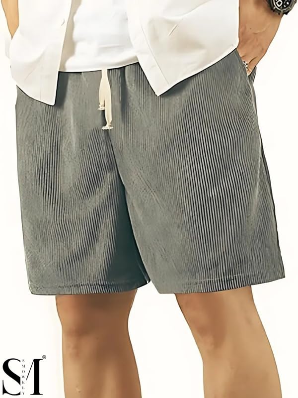 SMOWKLY Men's Premium Polycotton Casual Ribbed Shorts || Elastic & Drawstring Waist with 2 Pocket || Loose Fit Lightweight Burmuda Perfect for Workout, Beach & Summer ||Shorts Pant for Men Grey - Image 3