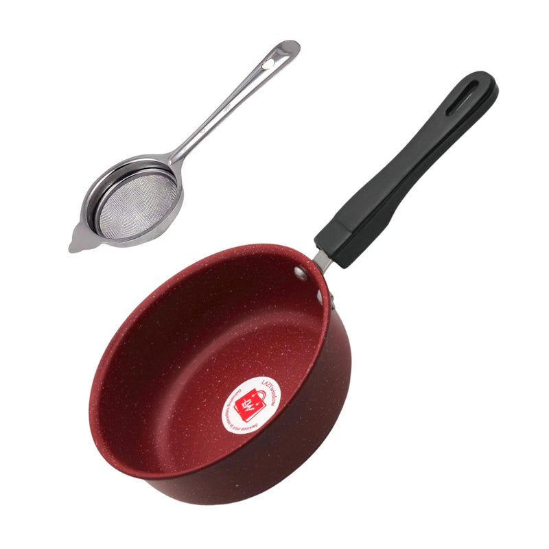 LAZYwindow Nonstick Baby Sauce Pan/Frying Pan 17cm Dia & Tea Stainer, (Base Colour Maroon) Pack of 1 - Image 1