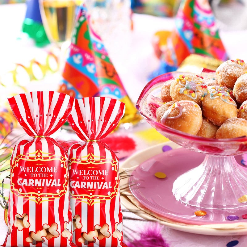 Epakh Carnival Candy Bags Circus Plastic Bags Carnival Party Treat Bags Popcorn Pattern Party Bags Goody Bags With 100 Gold Twisted Ties For Party Favor Supply Cookie Cupcake Wrapping(Simple 100 Packs) - Image 3