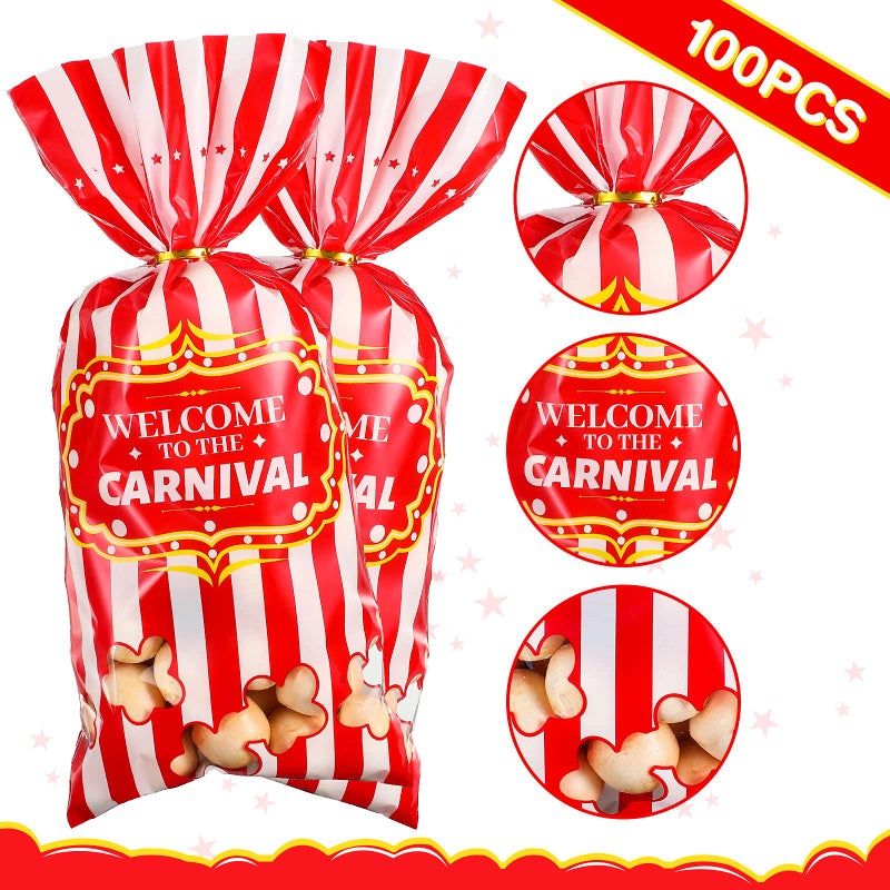 Epakh Carnival Candy Bags Circus Plastic Bags Carnival Party Treat Bags Popcorn Pattern Party Bags Goody Bags With 100 Gold Twisted Ties For Party Favor Supply Cookie Cupcake Wrapping(Simple 100 Packs) - Image 4