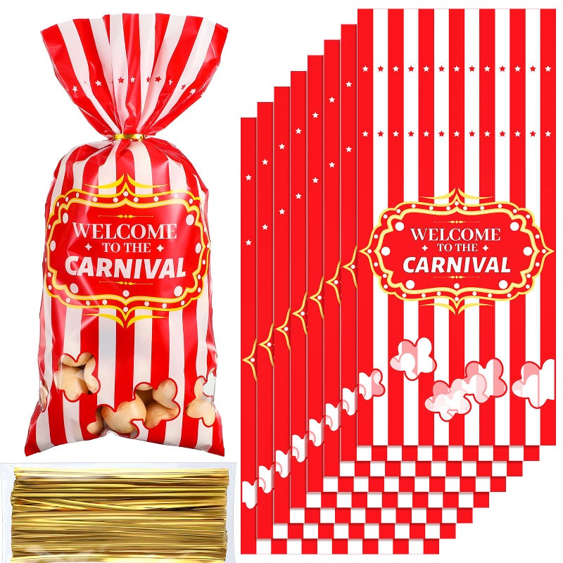 Epakh Carnival Candy Bags Circus Plastic Bags Carnival Party Treat Bags Popcorn Pattern Party Bags Goody Bags With 100 Gold Twisted Ties For Party Favor Supply Cookie Cupcake Wrapping(Simple 100 Packs) - Image 1