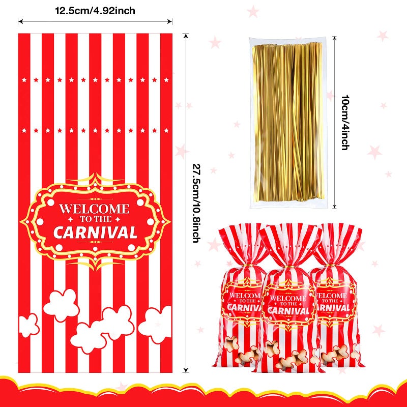 Epakh Carnival Candy Bags Circus Plastic Bags Carnival Party Treat Bags Popcorn Pattern Party Bags Goody Bags With 100 Gold Twisted Ties For Party Favor Supply Cookie Cupcake Wrapping(Simple 100 Packs) - Image 2