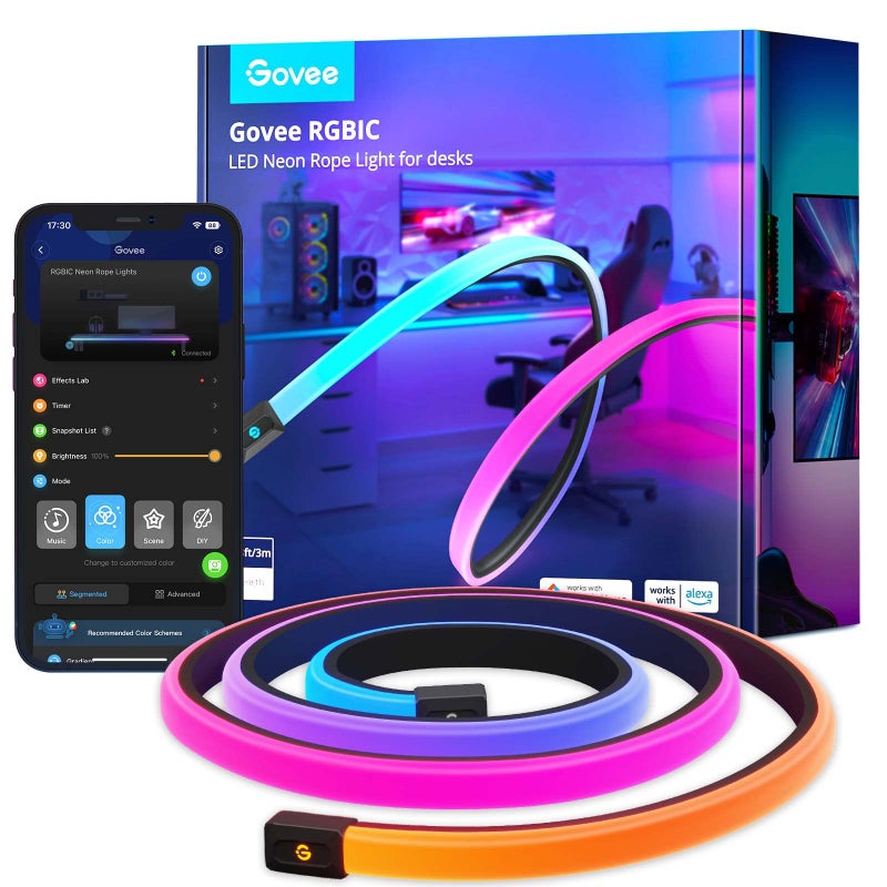 Govee RGBIC Gaming Lights 10ft Neon Rope Lights Soft Lighting for Gaming Desks LED Strip Lights Syncing with Razer Chroma Support Cutting Smart App Control Music Sync Adapter Only 24G WiFi