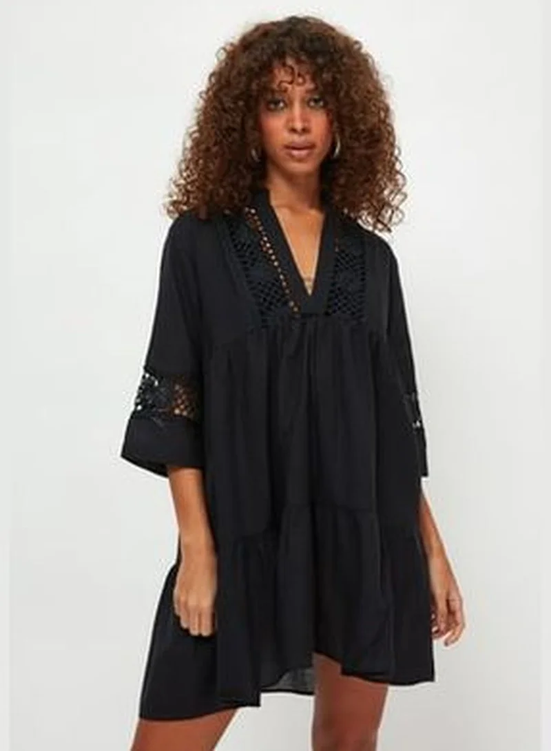 trendyol Black Mini Woven Stripe Accessorized 100% Cotton Beach Dress TBESS20EL0854