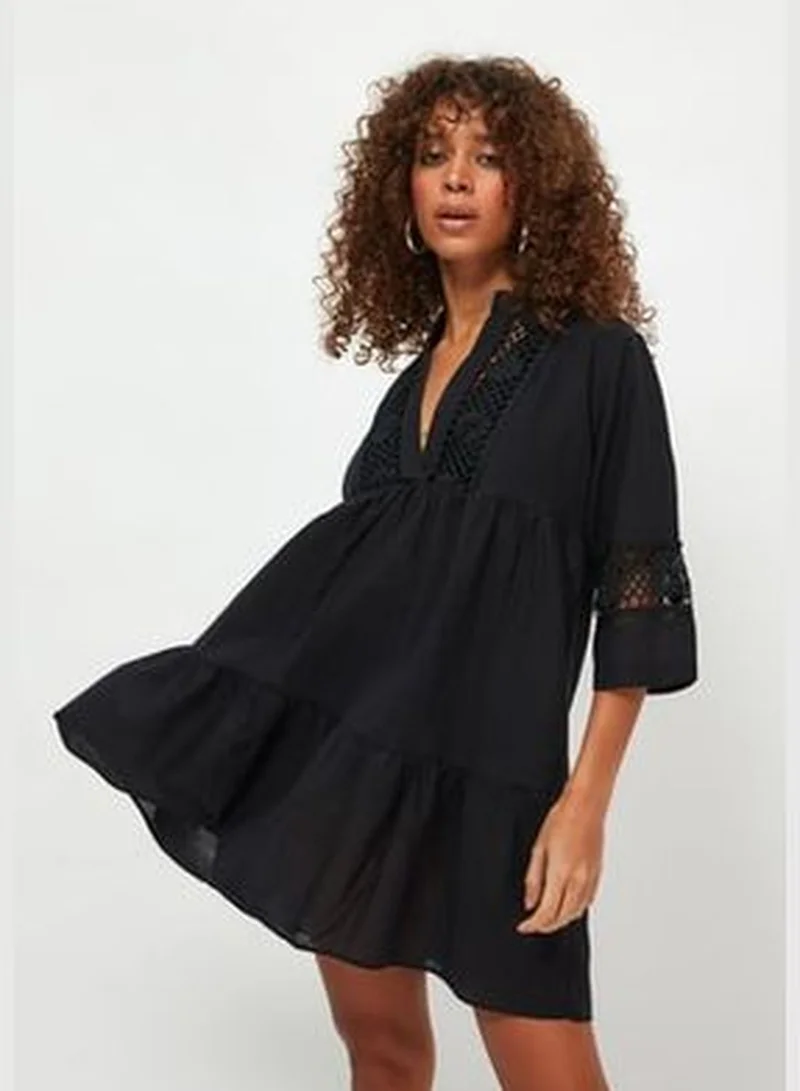 trendyol Black Mini Woven Stripe Accessorized 100% Cotton Beach Dress TBESS20EL0854