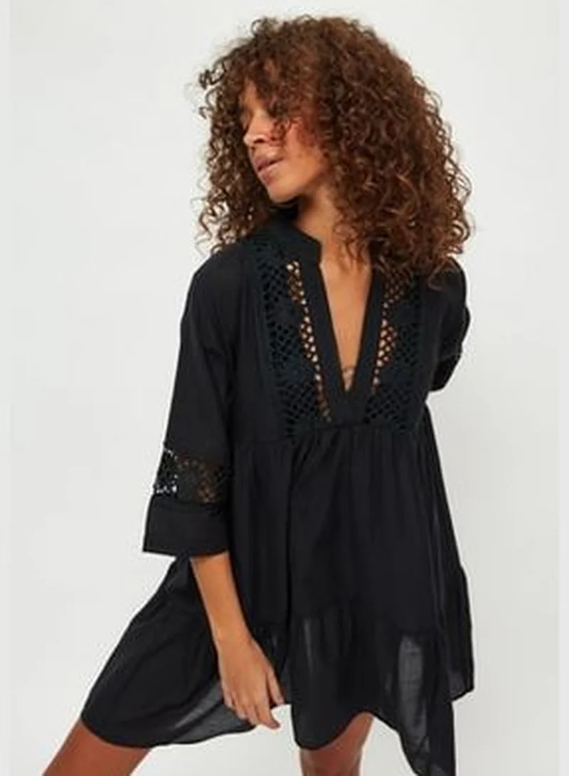 trendyol Black Mini Woven Stripe Accessorized 100% Cotton Beach Dress TBESS20EL0854