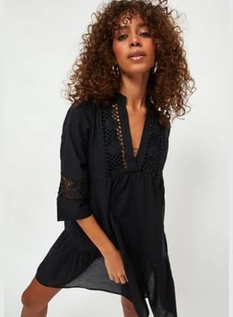 trendyol Black Mini Woven Stripe Accessorized 100% Cotton Beach Dress TBESS20EL0854