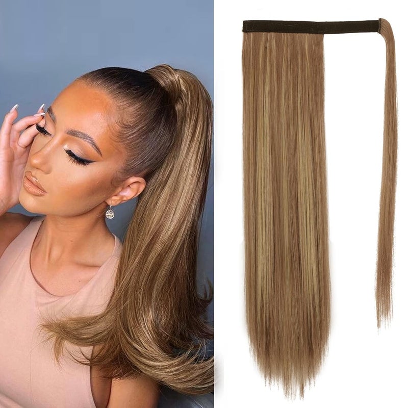 BARSDAR Brown Highlight Straight Ponytail Extension  26 Inch Long Straight Wrap Around Ponytail for Women Clip in Ponytail Hair Extensions Synthetic Hair Pony Tails Hairpieces Daily
