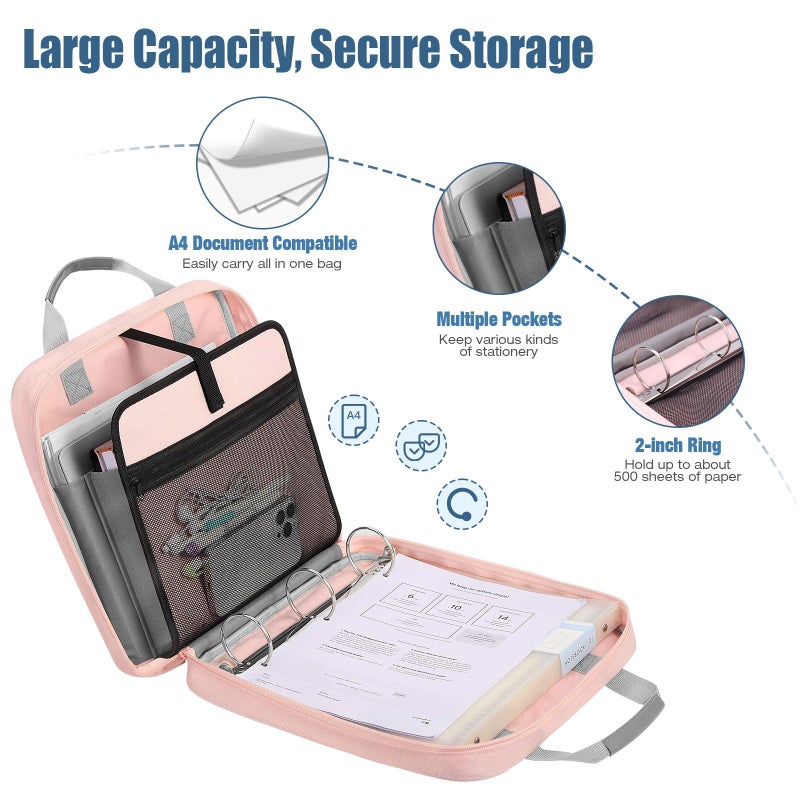 MoKo Zipper Binder, 2 Inch 3 Ring Binder with Zipper,500 Sheets Capacity Zipper Binders with Shoulder Strap & Handle,Multi-Pocket Zipper Bag Organizer for Middle School, Pink & Gray - Image 2