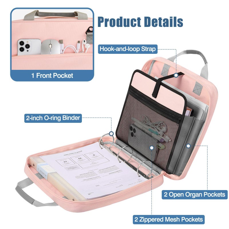 MoKo Zipper Binder, 2 Inch 3 Ring Binder with Zipper,500 Sheets Capacity Zipper Binders with Shoulder Strap & Handle,Multi-Pocket Zipper Bag Organizer for Middle School, Pink & Gray - Image 3