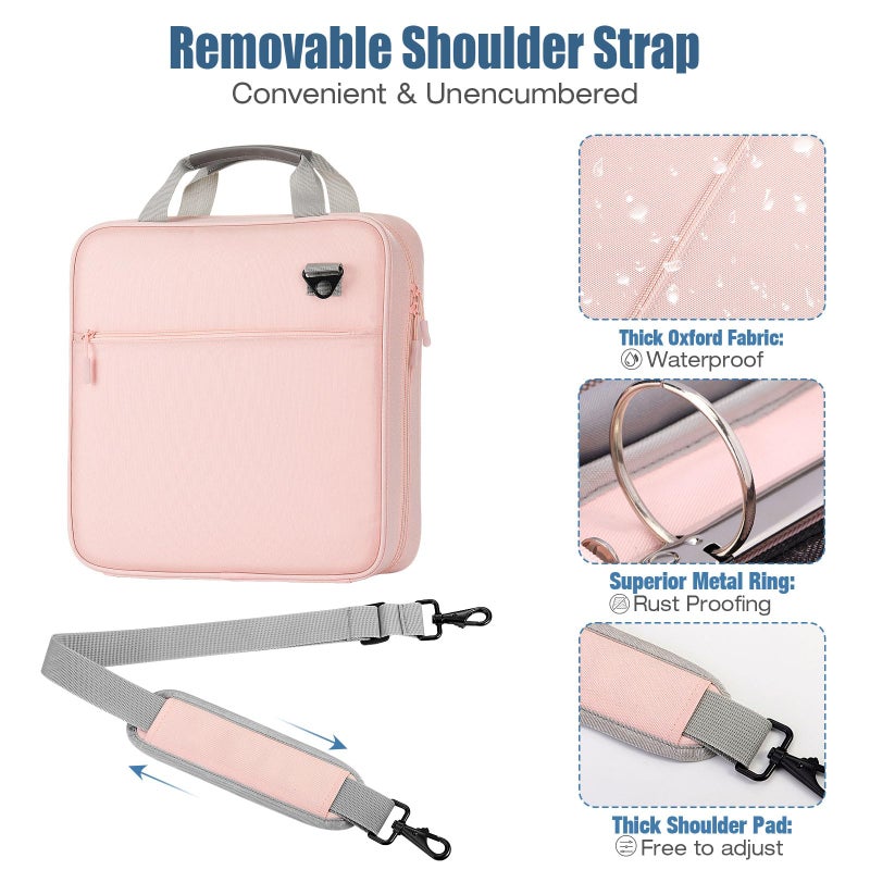 MoKo Zipper Binder, 2 Inch 3 Ring Binder with Zipper,500 Sheets Capacity Zipper Binders with Shoulder Strap & Handle,Multi-Pocket Zipper Bag Organizer for Middle School, Pink & Gray - Image 4