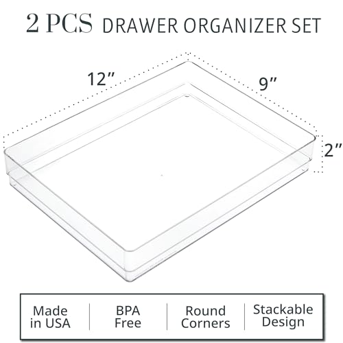 STORi SimpleSort 2-Piece Stackable Clear Drawer Organizer Set | 12" x 9" x 2" Rectangle Trays | Wide Makeup Vanity Storage Bins and Office Desk Drawer Dividers | Made in USA - Image 2