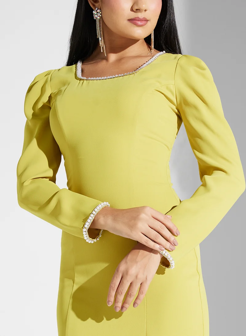 Akadia Fashion square neck pearl details dress