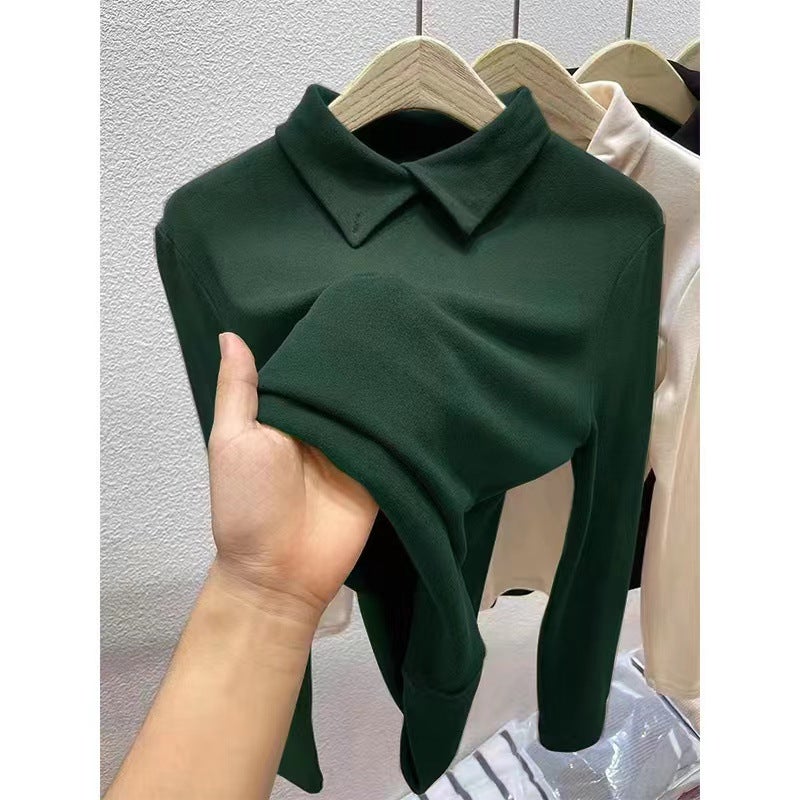 Polo collar double-sided velvet bottoming shirt womens 2024 autumn and winter warm inside thick long sleeve t-shirt top tide wholesale AMJ#516# dark green