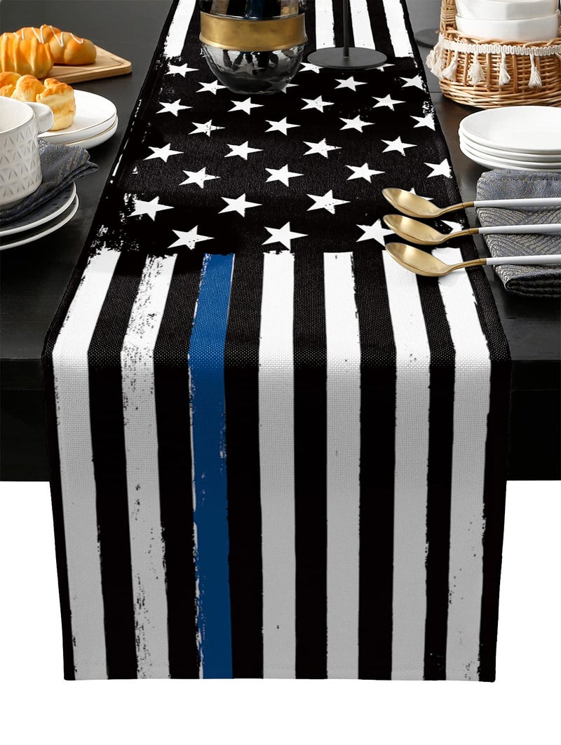 Ldtrchee Thin Blue Line Black Table Runner Cotton Linen 90 Inches Long American Police USA Flag Dress Scarves Rustic Table Runner for DiningCoffeeHoliday Table Gift for Law Enforcement