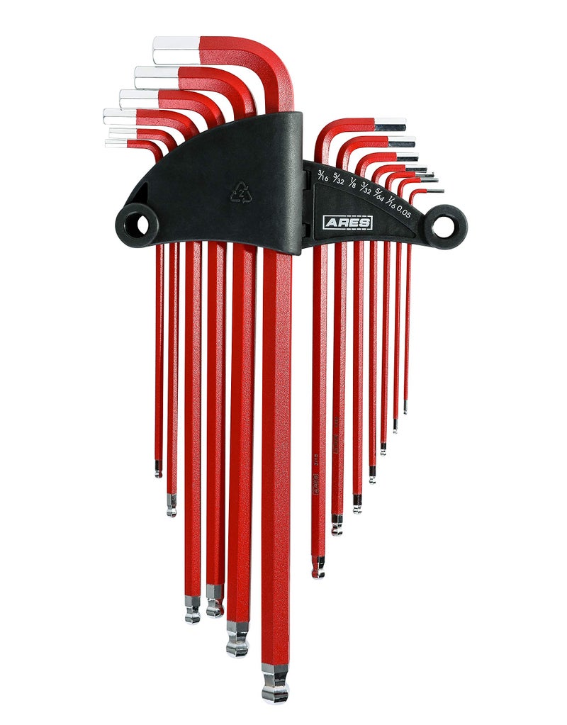 ARES 7016413Piece SAE Long Arm Ball End Hex Key Wrench Set Chrome Finish with Red High Visibility AntiSlip Coating Convenient Storage Case Included