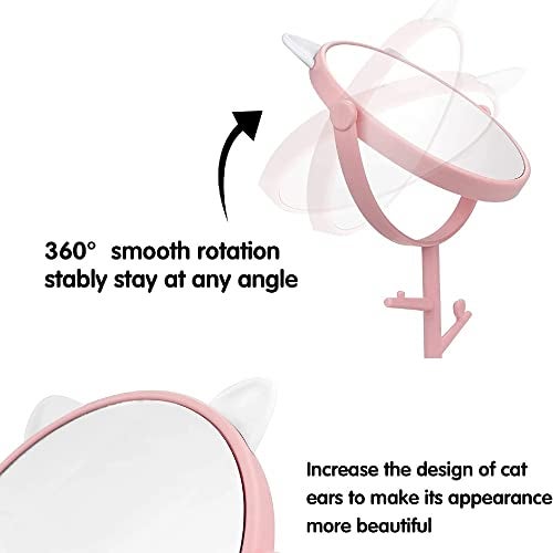 Mockery Creative Fashion Adjustable Durable Desk Mirror in Cute Cat Ears Shape, Makeup & Vanity Mirror for You in Bathroom or Bedroom, Desktop Rotating Simple Beauty Makeup Mirror (Pale Pink) - Image 5