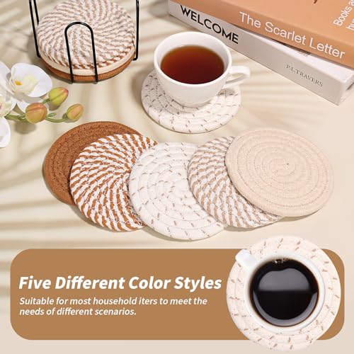 Mckanti 10 Pcs Drink Coasters with Holder, 5 Colors Absorbent Coasters for Drinks, Minimalist Boho Coasters Cotton Woven Coaster Set for Home Decor Tabletop Protection Suitable for Kinds of Cups - Image 3