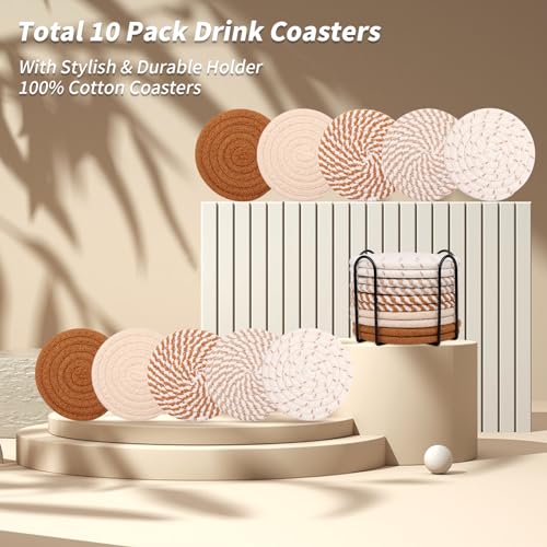 Mckanti 10 Pcs Drink Coasters with Holder, 5 Colors Absorbent Coasters for Drinks, Minimalist Boho Coasters Cotton Woven Coaster Set for Home Decor Tabletop Protection Suitable for Kinds of Cups - Image 2