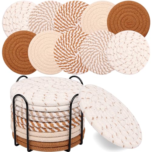 Mckanti 10 Pcs Drink Coasters with Holder, 5 Colors Absorbent Coasters for Drinks, Minimalist Boho Coasters Cotton Woven Coaster Set for Home Decor Tabletop Protection Suitable for Kinds of Cups - Image 1