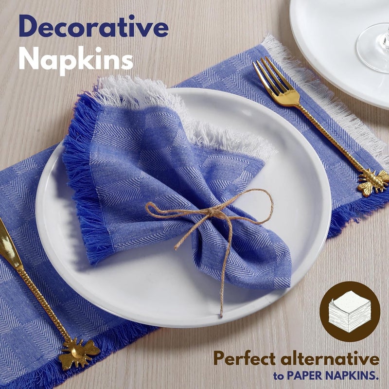 Native Fab Herringbone Cloth Napkins 16x16 inches 100 Cotton Dinner Napkins with Fringes Set of 12 Decorative Frayed Edges Washable Table Linen Napkins Soft Breathable Absorbent Ink Blue - Image 4