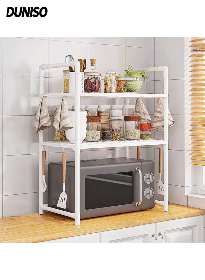 DUNISO 3-Tier Kitchen Storage Rack with Side Hooks , Multifunctional Microwave oven rack,Countertop Rack Organizer with Non-Slip Feet, for Spices, Pots and Pans(White) - Image 1