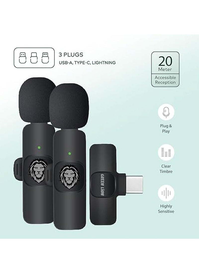 GREEN LION - 3 In 1 Wireless Microphone / 60mAh Battery Capacity / USB-A / Type-C / Lightning Plugs / 20m Accessible Reception / -42DB Sensitivity / Highly Sensitive / Digital Silicon Microphone / 64DBM Adaptive Noise Reduction / Clear Timbre / Plug & Play - Black - Image 1